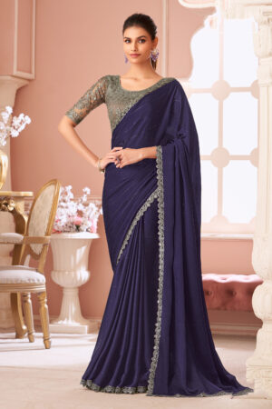 Satin Party Style Luxurious Lace Work Saree In Navy Blue Color
