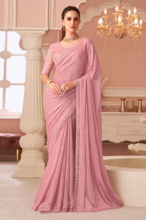 Party Style Georgette Pink Lace Work Saree With Embroidered Blouse