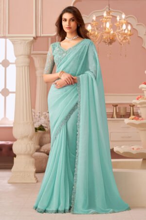 Cyan Georgette Party Style Luminous Lace Work Saree With Designer Blouse