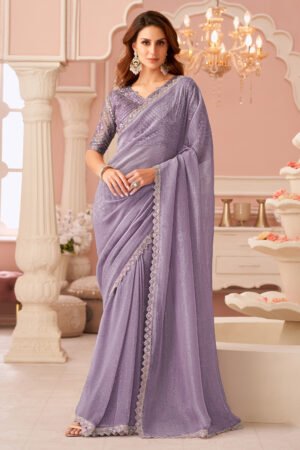 Georgette Party Style Lace Work Saree In Lavender Color