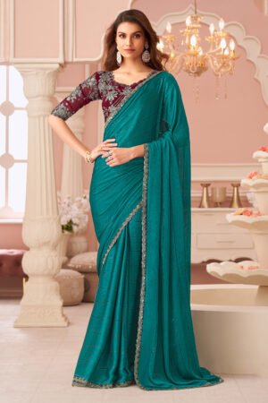 Satin Party Style Mesmeric Lace Work Saree In Teal Color