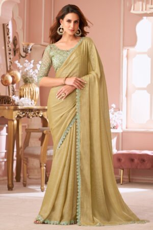 Georgette Party Style Wondrous Lace Work Saree In Beige Color