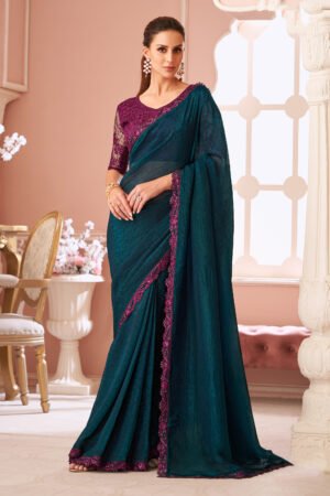 Party Style Georgette Teal Supreme Lace Work Saree With Embroidered Blouse
