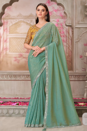 Satin Silk Lace Border Work Saree In Sea Green Color