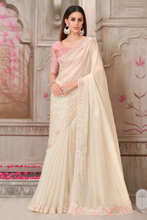 Satin Silk Beige Lace Border Work Saree With Embroidered Blouse