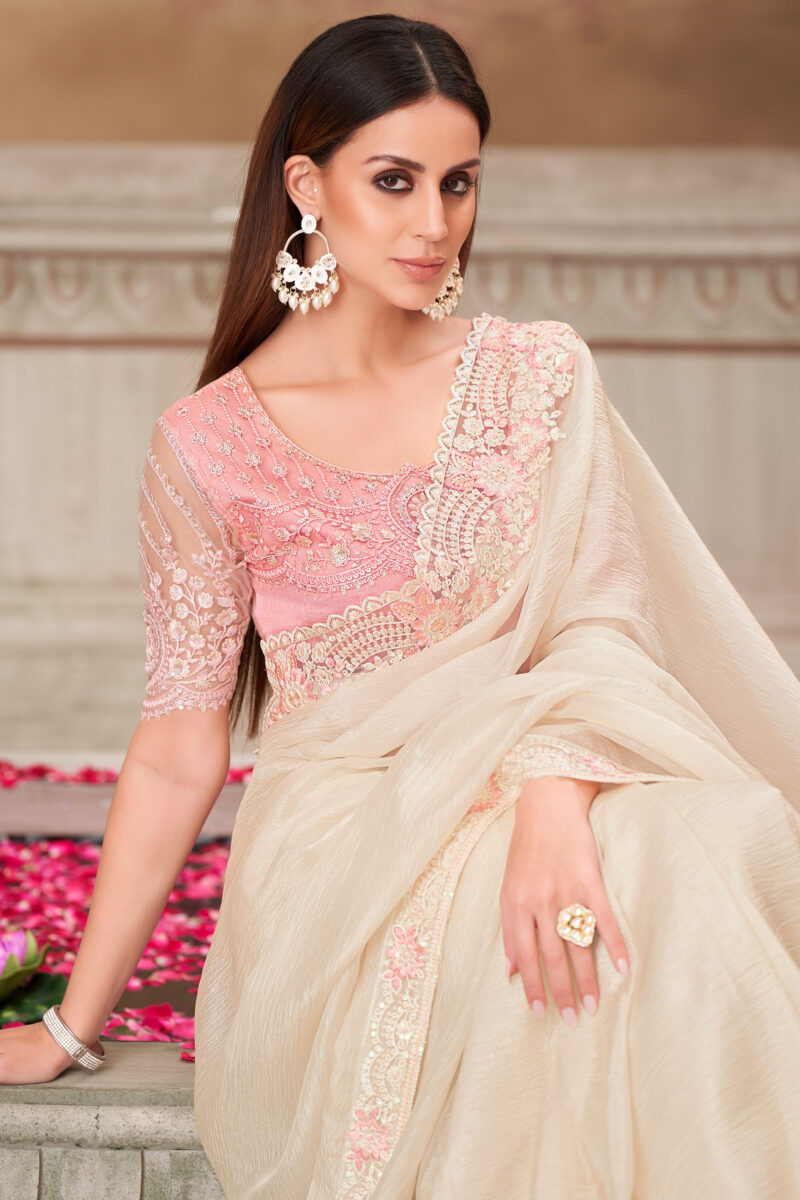 Satin Silk Beige Lace Border Work Saree With Embroidered Blouse - Image 2