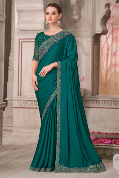 Teal Satin Silk Lace Border Work Saree With Designer Blouse