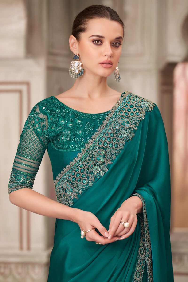 Teal Satin Silk Lace Border Work Saree With Designer Blouse - Image 2