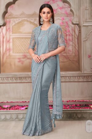 Georgette Lace Border Work Saree In Grey Color