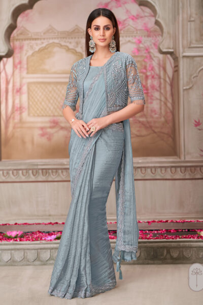 Georgette Lace Border Work Saree In Grey Color
