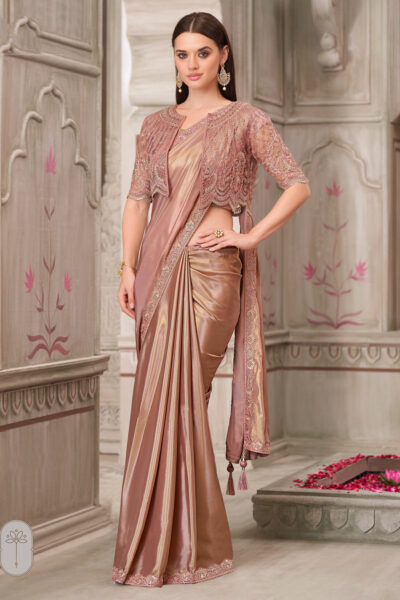 Georgette Lace Border Work Saree In Peach Color