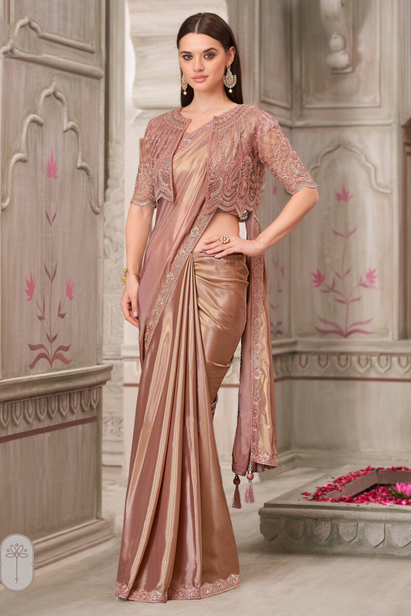 Georgette Lace Border Work Saree In Peach Color