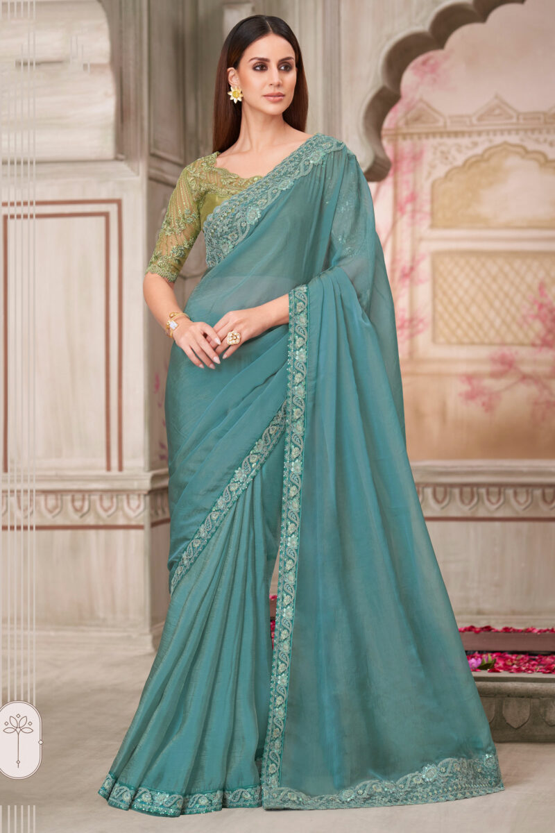 Georgette Silk Lace Border Work Saree In Cyan Color