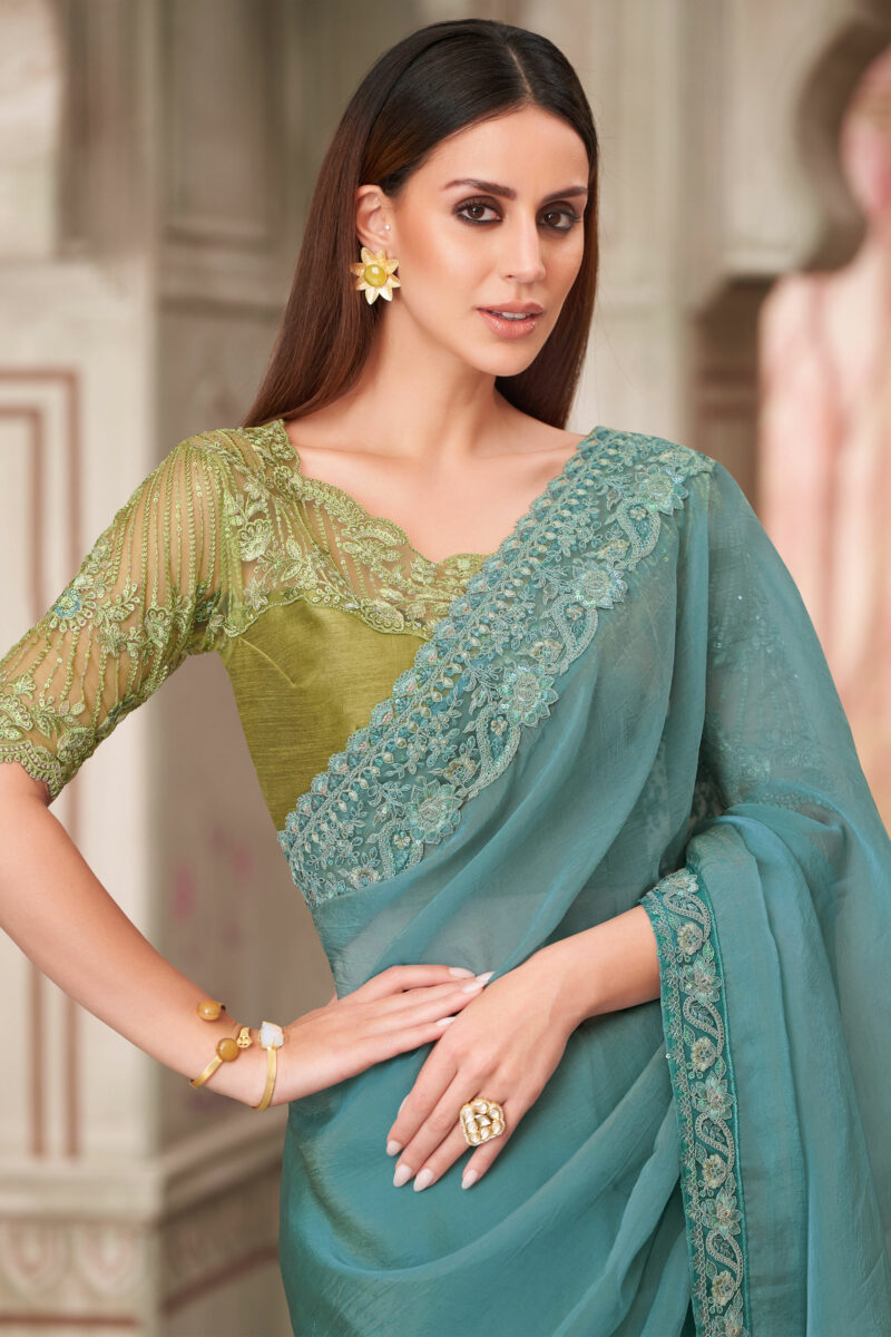 Georgette Silk Lace Border Work Saree In Cyan Color - Image 2