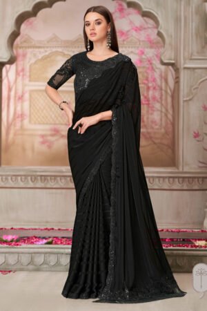 Georgette Black Lace Border Work Saree With Embroidered Blouse