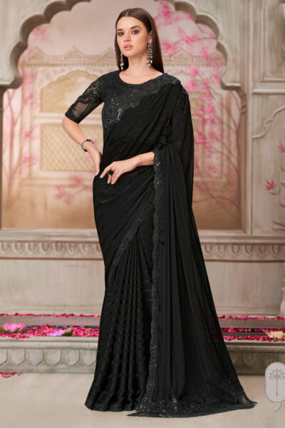 Georgette Black Lace Border Work Saree With Embroidered Blouse