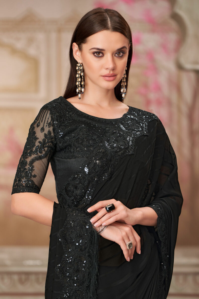 Georgette Black Lace Border Work Saree With Embroidered Blouse - Image 2