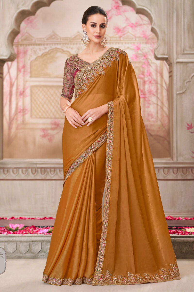 Brown Chiffon Silk Lace Border Work Saree With Designer Blouse