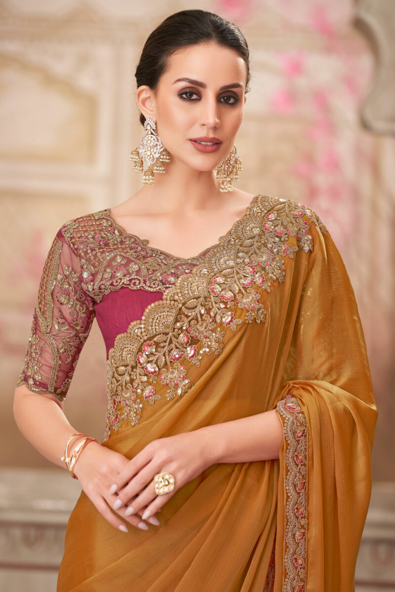 Brown Chiffon Silk Lace Border Work Saree With Designer Blouse - Image 2