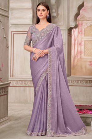 Chiffon Silk Lace Border Work Saree In Lavender Color
