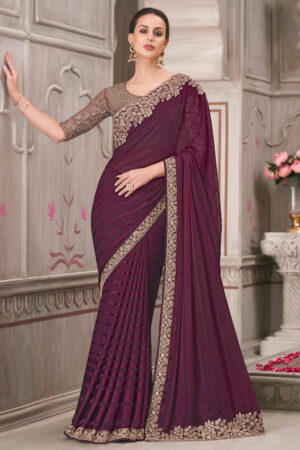 Purple Georgette Silk Lace Border Work Saree With Embroidered Blouse
