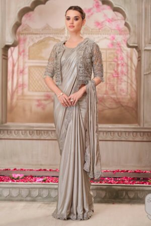 Dark Beige Satin Silk Lace Border Work Saree With Designer Blouse