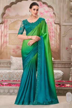 Chiffon Cyan Lace Border Work Saree With Embroidered Blouse