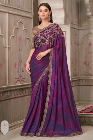Purple Georgette Lace Border Work Saree With Designer Blouse