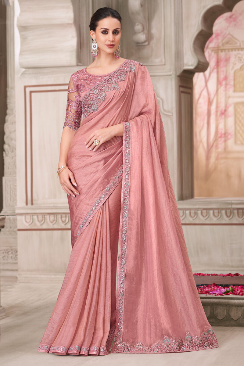 Pink Lace Border Work Saree In Georgette Fabric