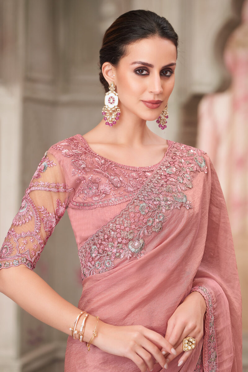 Pink Lace Border Work Saree In Georgette Fabric - Image 2