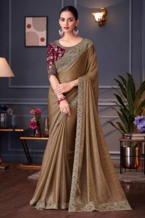 Embroidered Lace Border Work Saree In Brown Color